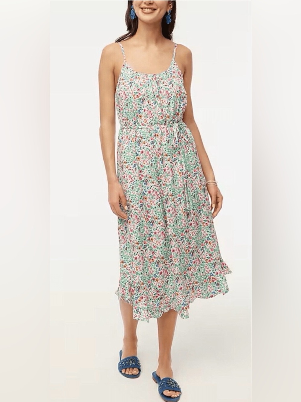 Jcrew Factory Floral Spaghetti Strap Midi Dress - White/Pink/Green size 2